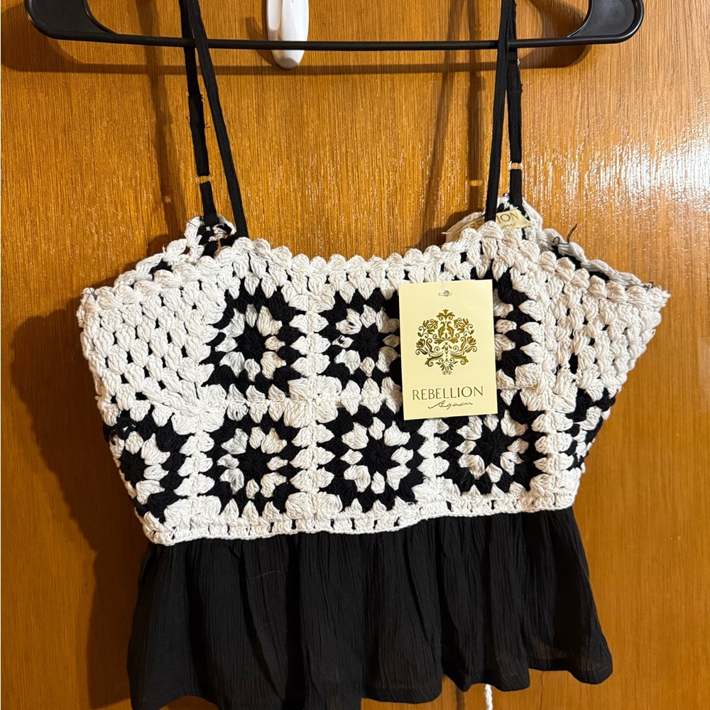 Rebellion Crochet Crop Top - Black and White